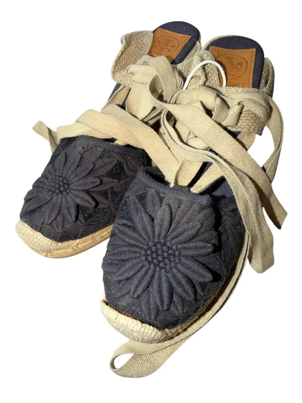 Tory Burch Black Floral Appliqué Espadrille Wedges with Natural Ties